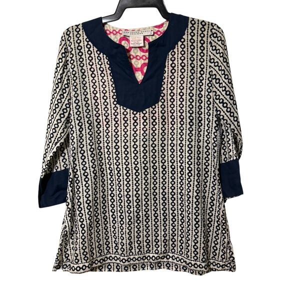 Gretchen Scott Size Small Blue and White Geometric Print Tunic Blouse - Picture 1 of 8